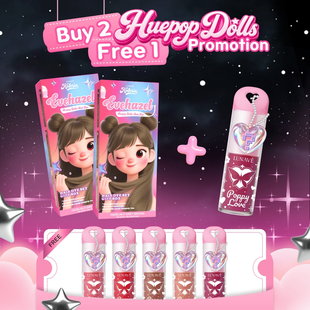 LUNAVÉ Koloria HuePop Dolls Hair Dye สีย้อมผม สีแฟชั่น ติดทน ปิดผมขาว ไม่ต้องฟอก + ฟรีลิปกลอส Poppy Love ฉ่ำวาว กันน้ำ