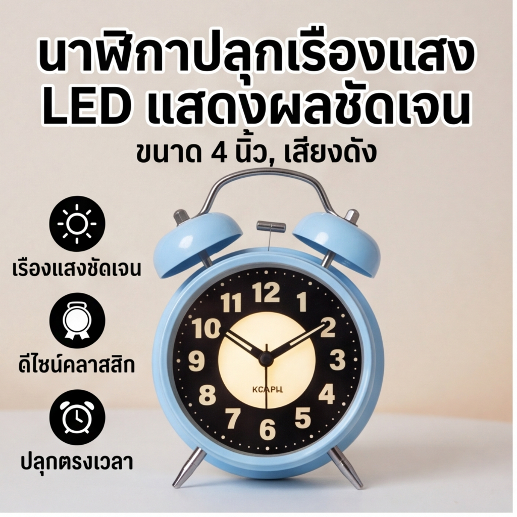 นาฬิกาปลุกกระดิ่งคู่ เสียงดังมาก ระบบกลไก หน้าปัดเรืองแสง สไตล์วินเทจ