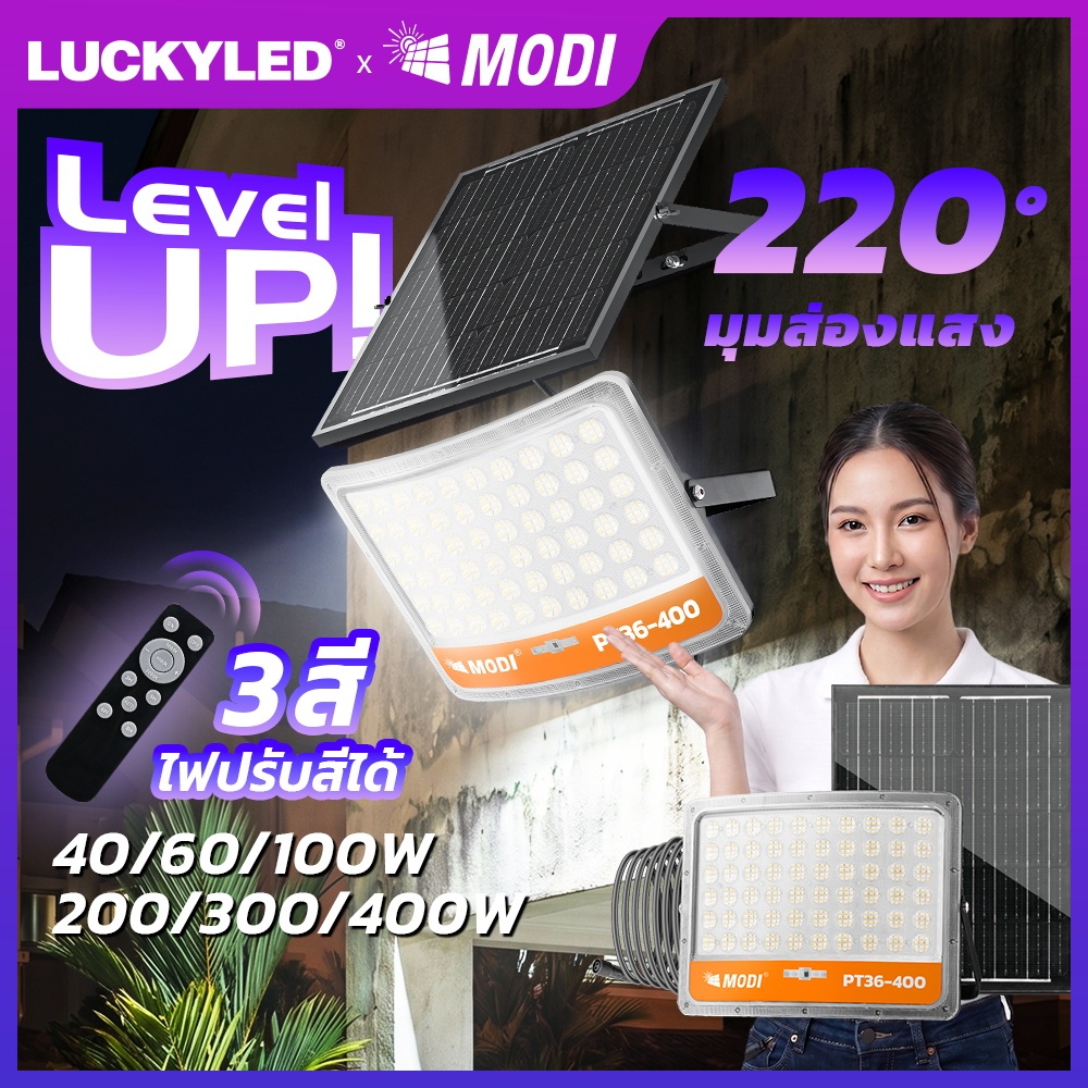 MODI PT36/PT37 ไฟสปอตไลท์โซล่าเซลล์ 40W-400W เปิดได้ 3 แสง กันน้ำIP65 โคมไฟพลังงานแสงอาทิตย์ เปิดปิดอัตโนมัติ