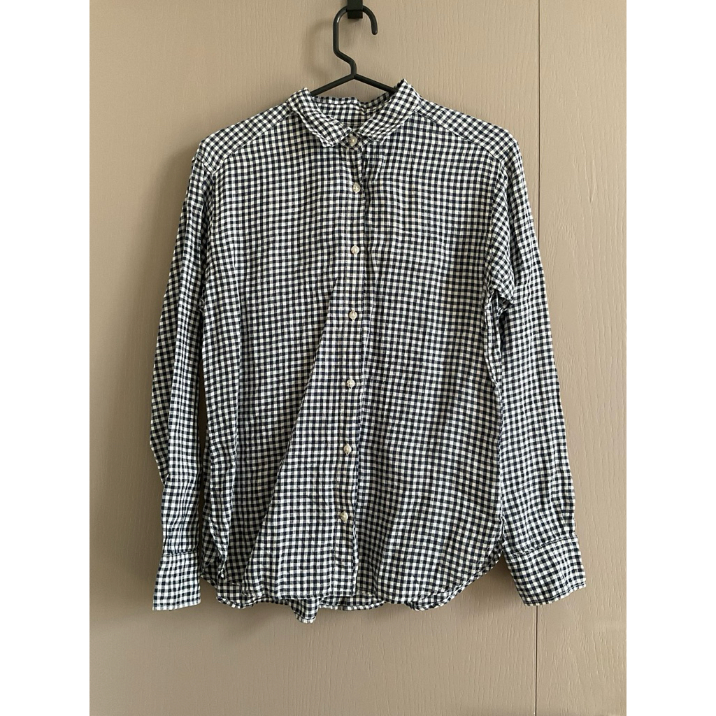 เสื้อ Uniqlo size m เชิ้ตแขนยาวลายสก็อตสีดำ ผ้าลินิน#มือสอง