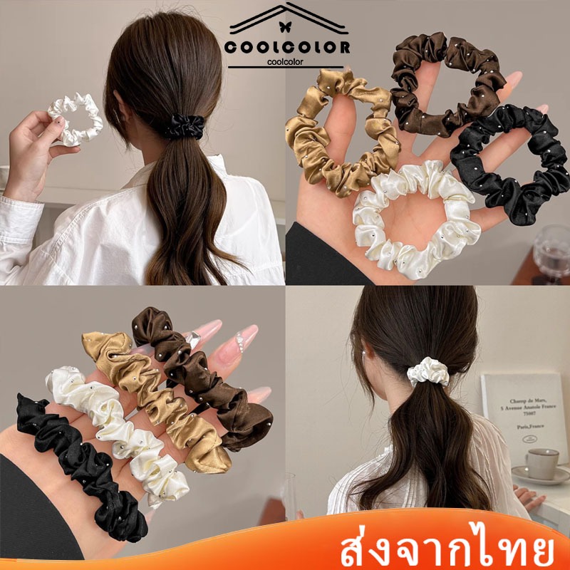 ในไทย💖ยางรัดผมชุดชุด 5 ชิ้น ประดับเพชรเทียม ซาติน สไตล์เกาหลีผมหางม้า ความยืดหยุ่นสูง แฟชั่นยอดนิยมประดับผม.COD