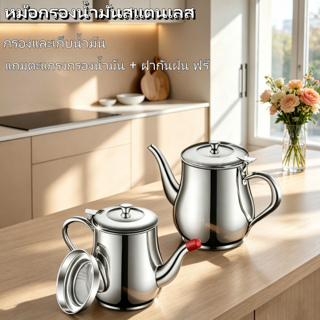 ถ้วยกรองน้ำมัน หม้อกรองน้ำมัน หม้อกรองน้ํามันสแตนเลส มีตะแกรง + ฝากันฝุ่นมาให้ ปากกาเหยือกกันรั่ว น้ำมันไหลลื่น สะดวก