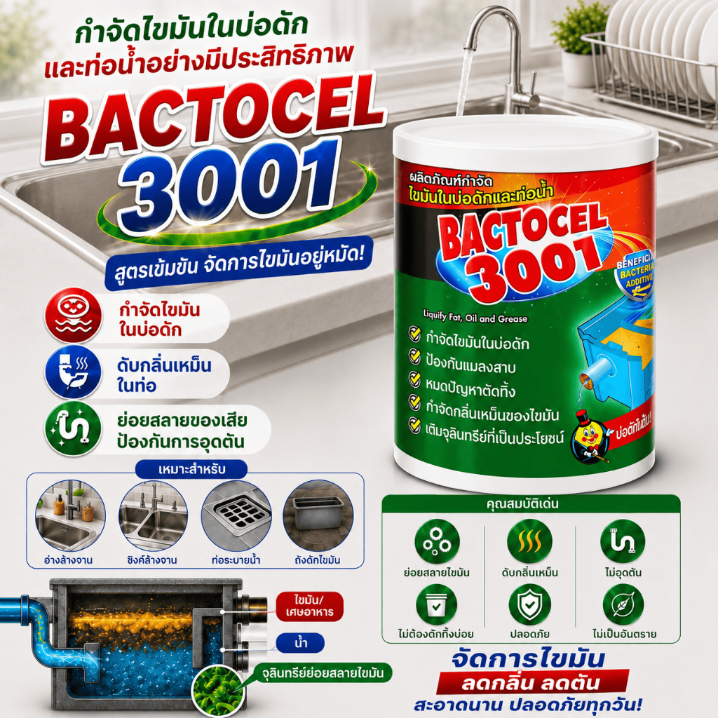 จุลินทรีย์สำหรับขจัดคราบไขมันในอ่างล้างจาน แบคโตเซล 3001 ช่วยสลายไขมันที่อุดตันในท่อ และบ่อดักไขมัน ขนาด 1000 กรัม.