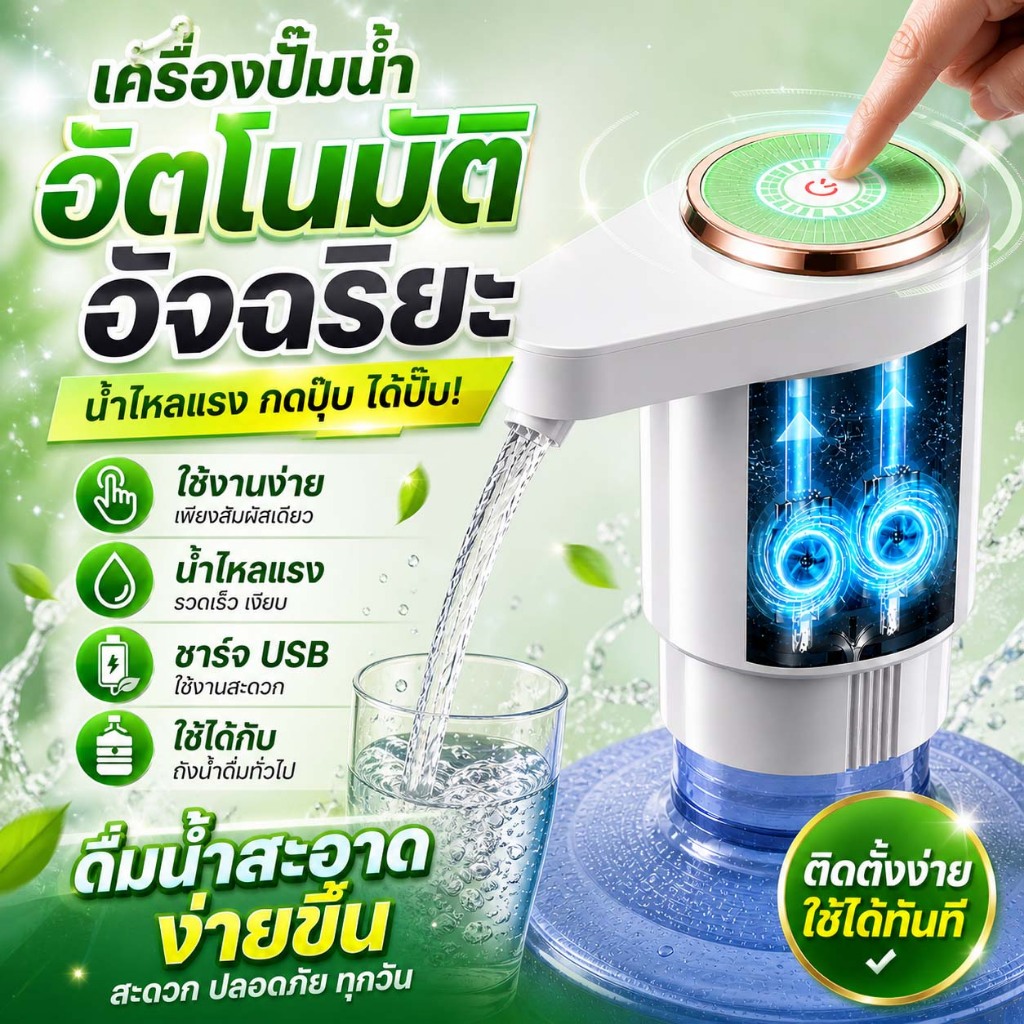 THAI เครื่องปั๊มน้ำ ปั๊มน้ำไฟฟ้า อัตโนมัติ ชาร์จผ่าน USB แบตเตอรี่ 1200mAh ใช้งานง่าย สะดวก เหมาะสำหรับถังน้ำ ขวดน้ำ
