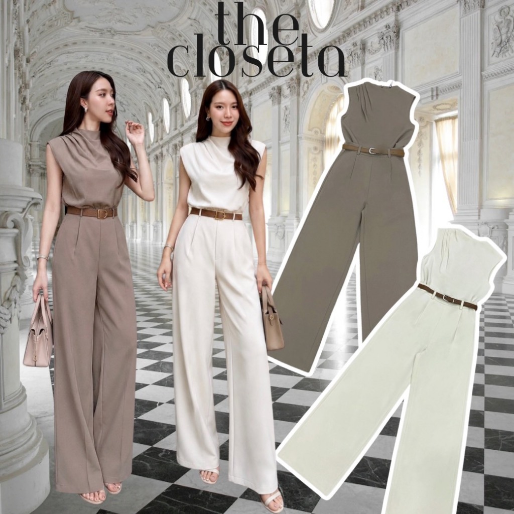 THE CLOSETA : LV335 ชุดเซ็ทเสื้อคอปีนจับจีบช่วงไหล่ พร้อมกางเกงขายาว และเข็มขัดเข้าชุด สวยแบบมีคลาส