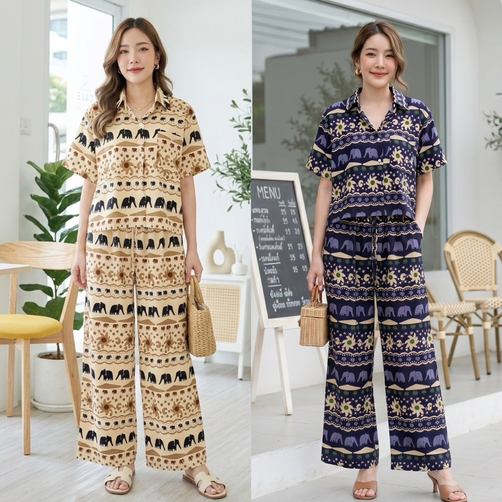 Silla กางเกงขายาว รุ่น Nature N17 ลายช้างตะวัน เนื้อผ้าไหมอิตาลี ผ้าพริ้วนุ่ม ใส่สบาย ลายสวย