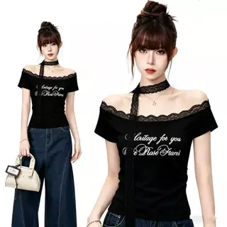 COD พร้อมส่ง เสื้อทีเชิร์ตฤดูร้อน คอไหล่เปิดตกแต่งลูกไม้ ลายพิมพ์สวย ทรงผอมสไตล์สาวเก๋ ขายดี