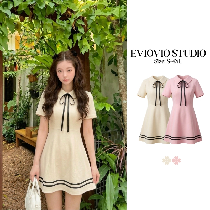 ใหม่🍨❗【S-4X】EVIOVIO พร้อมส่งในไทย🚗💨เดรสสั้นคอปกโบว์ แถบเส้นสีดำ สไตล์เกาหลี ชุดไปทำงาน ชุดออกเดท ชุดไปคาเฟ่ ชุดสาวอวบ