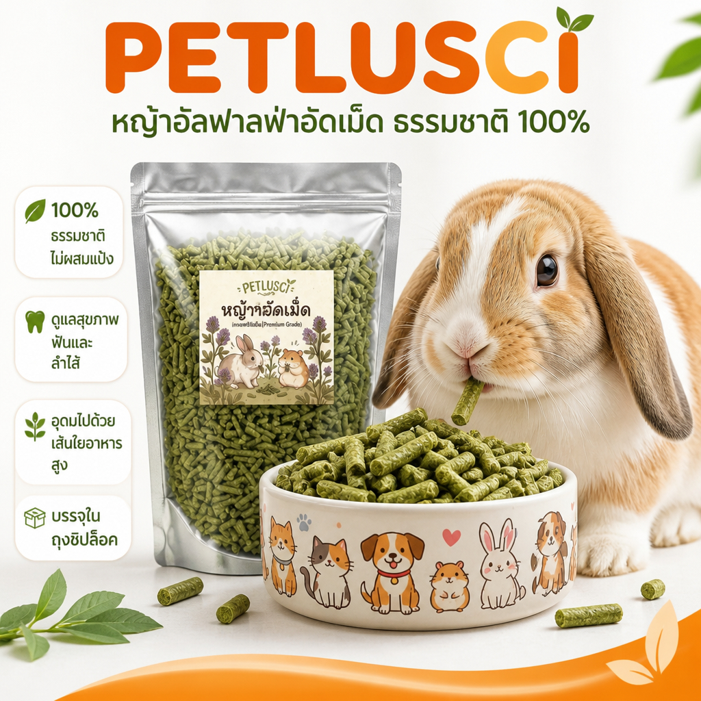 🌿🐰PETLUSCI หญ้าอัลฟาฟ่าอัดเม็ด Super Premium หญ้าอัดเม็ด 100% เส้นใยสูง กระต่าย หนูแกสบี้ ชินชิล่า