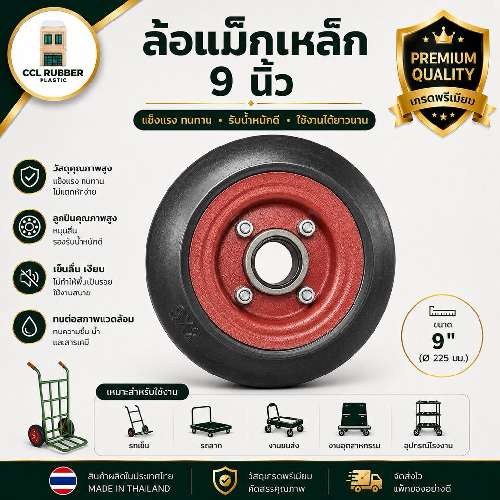 ล้อ 9นิ้ว ล้อโรงน้ำแข็ง ล้อรถเข็นปากคลองตลาด ล้อรถเข็นคุณภาพสูง  ล้อแม็กเหล็ก  ล้อยางตันแบบทนทานสำหรับแผงกั้นจราจร
