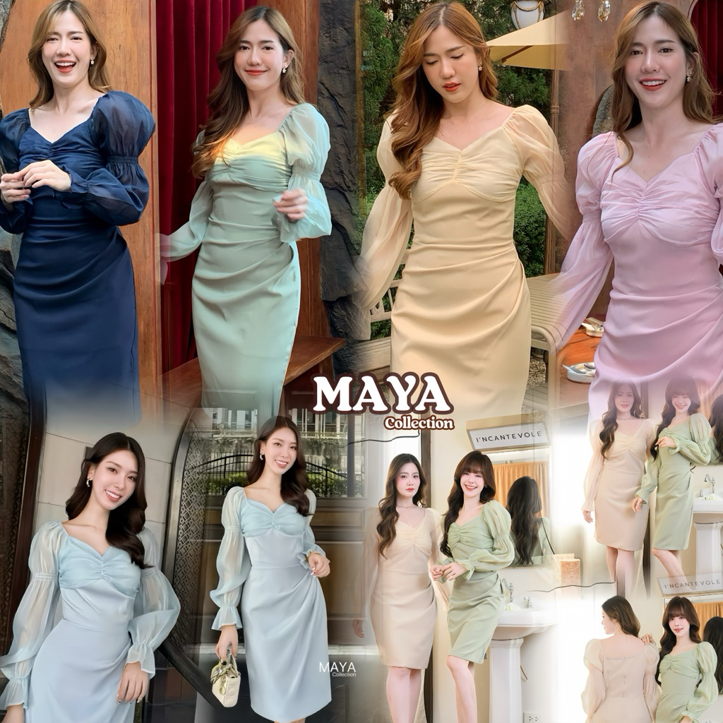 G094เดรสไปงานน่ารัก s m l xl  2xl เดรสไปงาน มีฟ้ามาเพิ่ม ชุดเดรสแต่งแขนน่ารักกก ใส่ได้หลายโอกาส