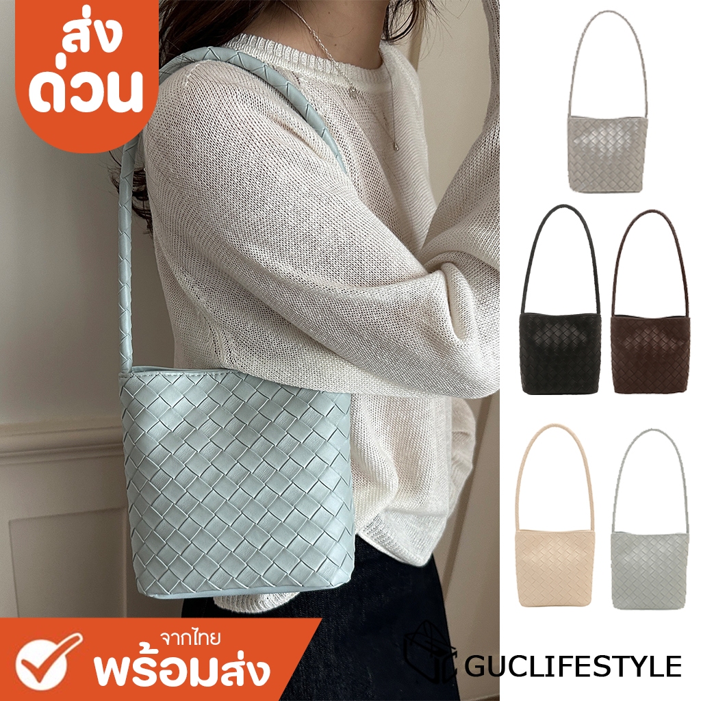 ส่งด่วน GUCSELECTED(B2607) กระเป๋าสะพายไหล่หนังPUลายสานทรงถัง