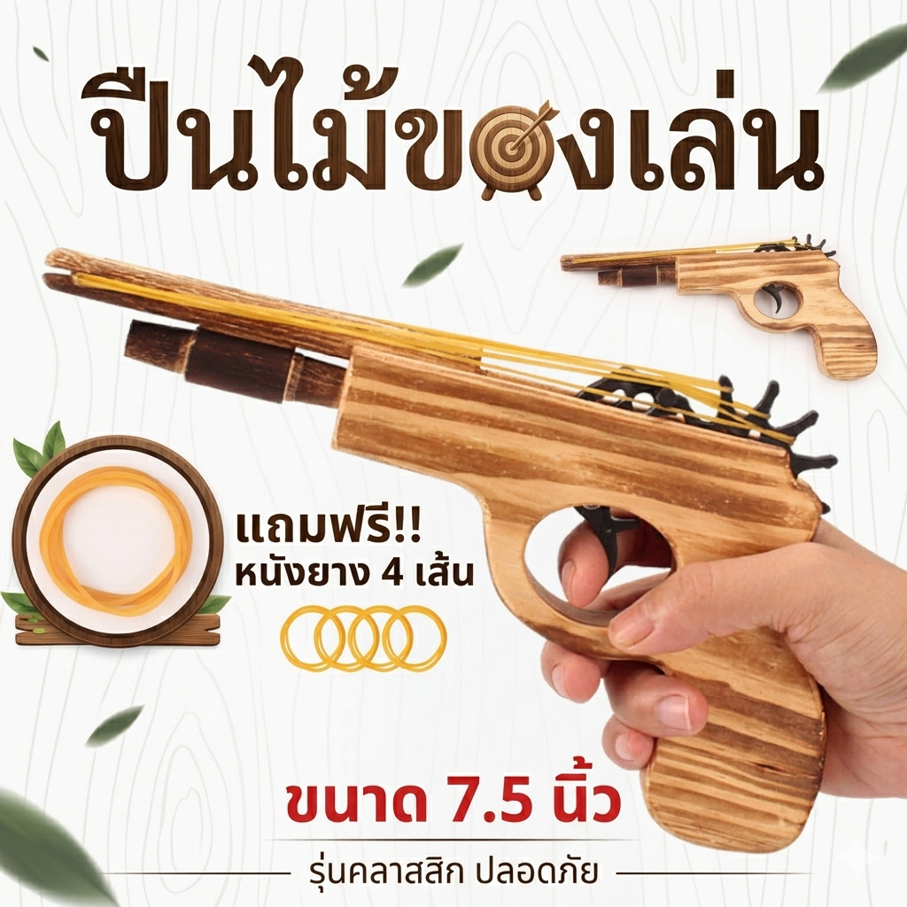 ปืนไม้ของเล่น งานไม้คราฟต์ 7.5 นิ้ว ยิงต่อเนื่อง 4 นัด แถมฟรีหนังยาง ของเล่นไม้โบราณ เสริมทักษะ
