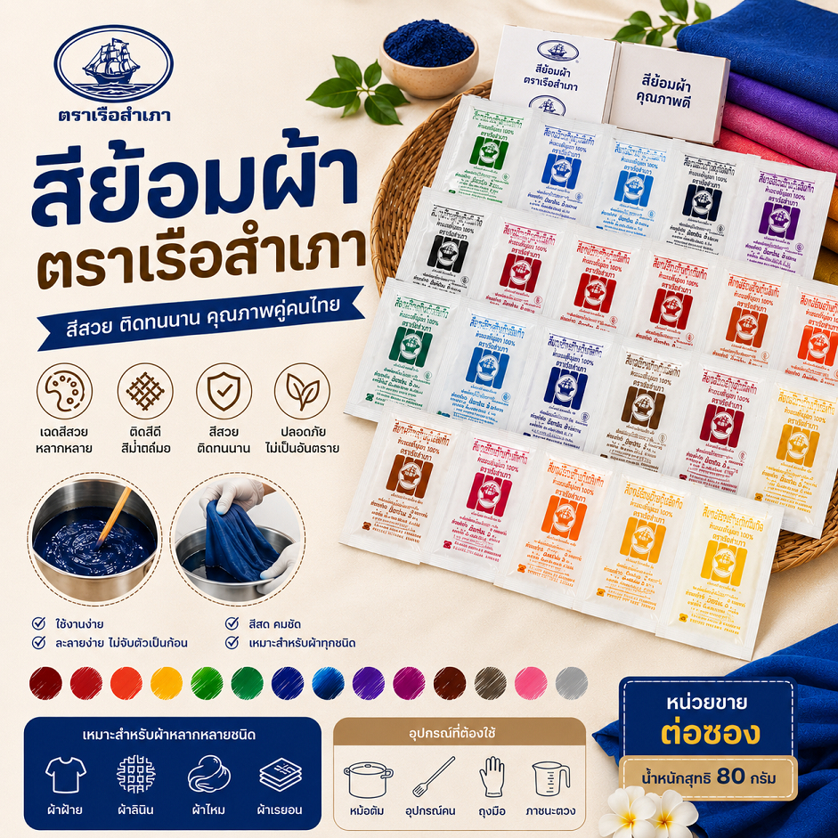 สีย้อมผ้า สีย้อม ตราเรือใบ ตราเรือสำเภา ราคาต่อซอง