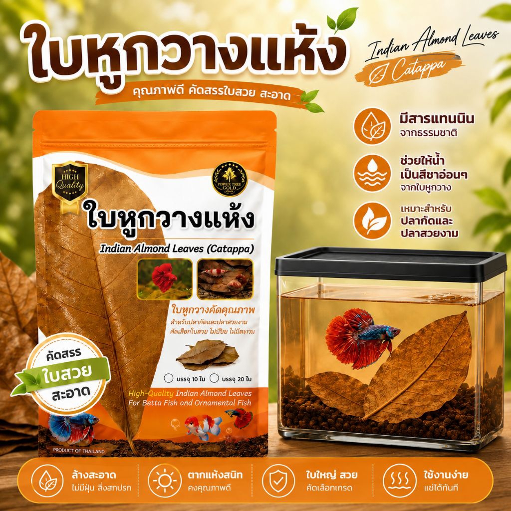 ใบหูกวางแห้ง Catappa ใบคัดสวย สำหรับปลากัดและปลาสวยงาม มีสารแทนนินธรรมชาติ Catappa Leaf Indian Almond Leaf