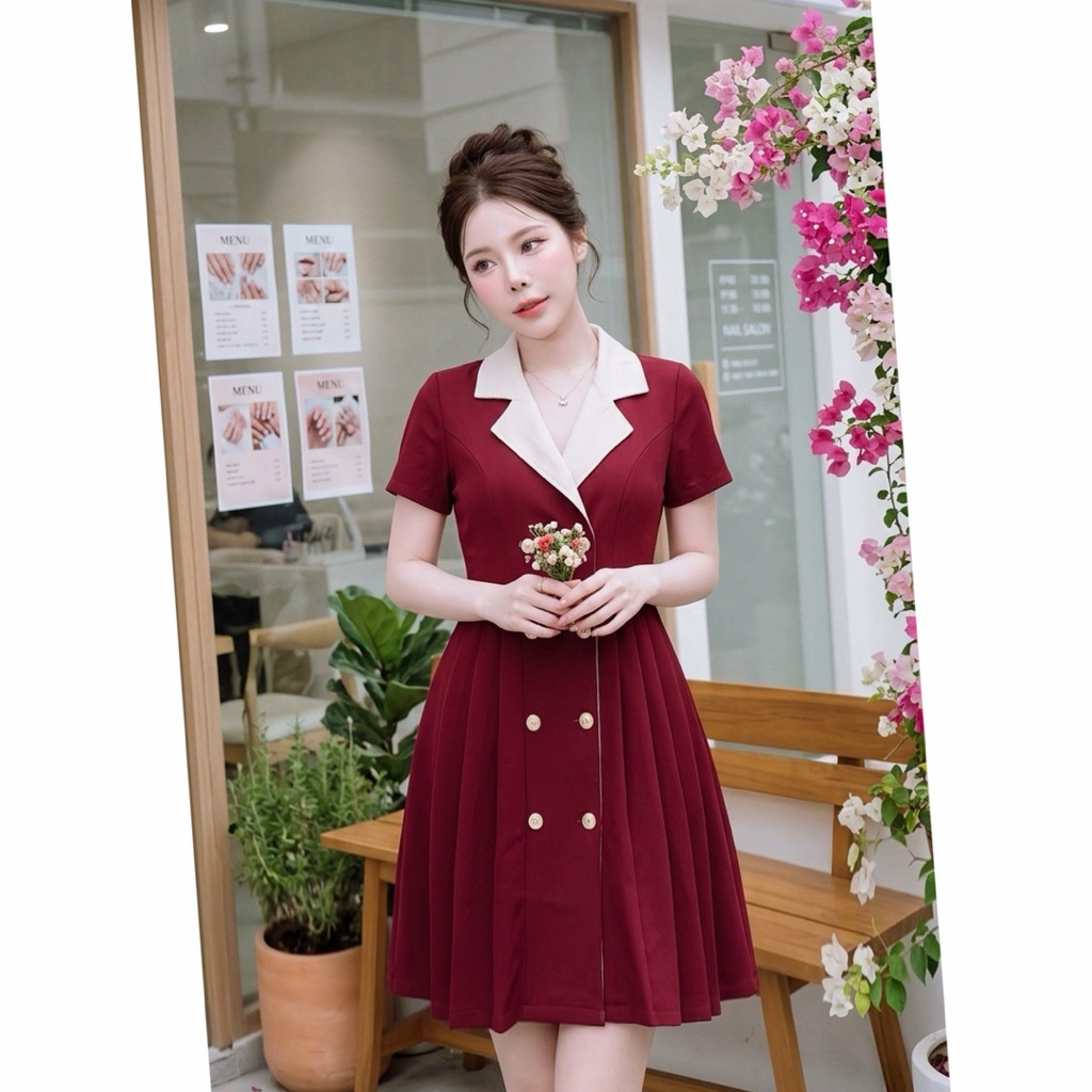 D49 เดรสสูทแขนสั้น กระโปรงจับจีบ คอปกครีม ใส่ทำงาน ออกงานได้