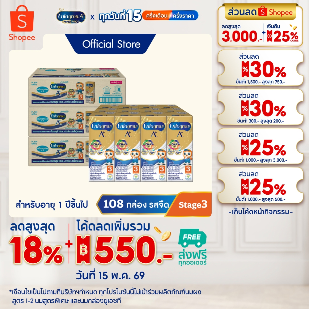 นมกล่อง เอนฟาโกร ยูเอชที สูตร3 ชนิดจืด (36 กล่อง) x3 ลัง Enfagrow UHT Stage3 Plain (36 boxes) x3 cas