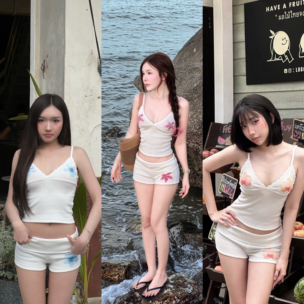 New floral set ชุดเซทสีขาวสกรีนดอกไม้ bykim