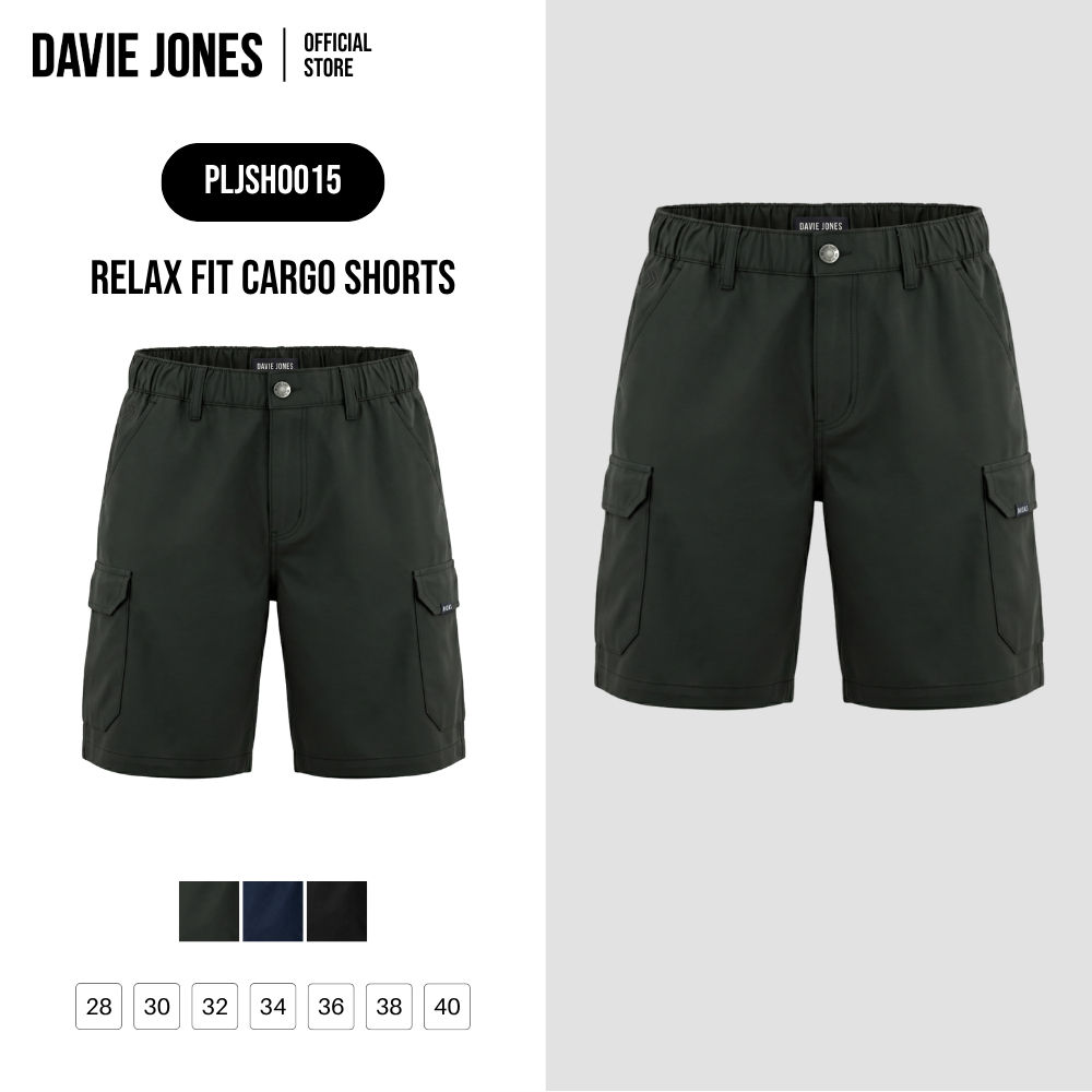 DAVIE JONES [BE FEARLESS] กางเกงคาร์โก้ขาสั้นผู้ชาย Relax Fit Cargo Shorts สีเขียว กรม ดำ SH0015