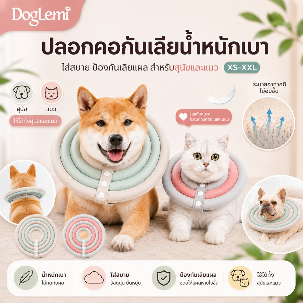 【Doglemi】 ปลอกคอกันเลียสุนัขแมว คอลล่าสัตว์เลี้ยงน้ำหนักเบา ใส่สบาย ป้องกันเลียแผล ไซซ์ XS-XXL