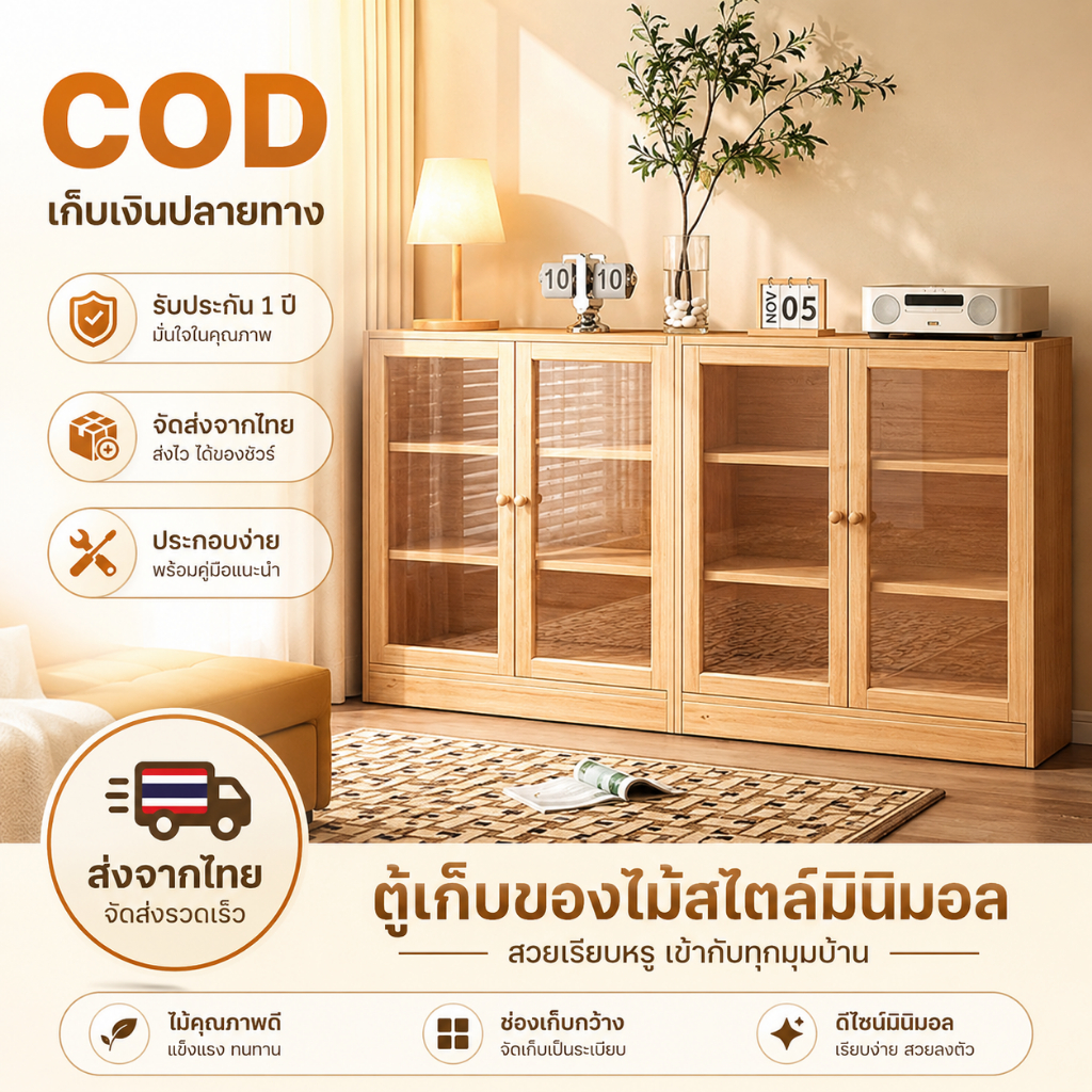 ตู้หนังสือไม้เนื้อแข็ง ตู้เก็บของแบบตั้งพื้น กระจกกันฝุ่น ฐานรองแข็งแรง ไม่ล้มง่าย ห้องนอน ห้องนั่งเล่น