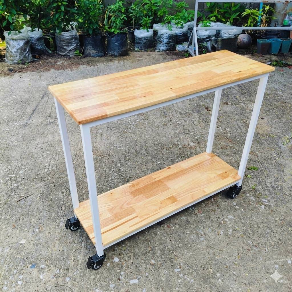 ชั้นวางของ 2 ชั้น มีล้อ ล๊อคได้ ขนาด 107×42 สูงระหว่าง 47 ซม. ไม้ 16 มม. เหล็ก 1 นิ้ว