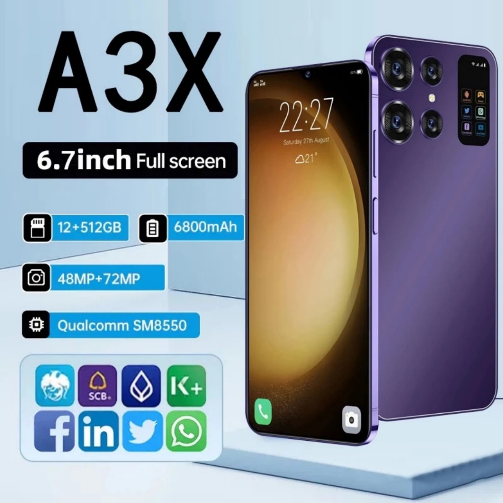 โทรศัพท์ A3X 12GB + 512GB ต้นฉบับใหม่ 6.7 นิ้วแบบ FullHD หน้าจอเต็มจอสมาร์ทโฟน