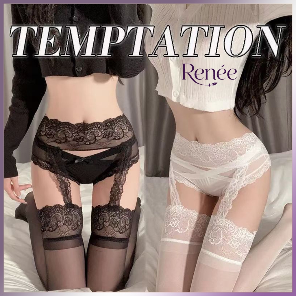 🤍✨ Renée ถุงน่องยาวสีขาว ลายลูกไม้+ลายจุด Hollow Out สตรีทแฟชั่น ราคาถูก