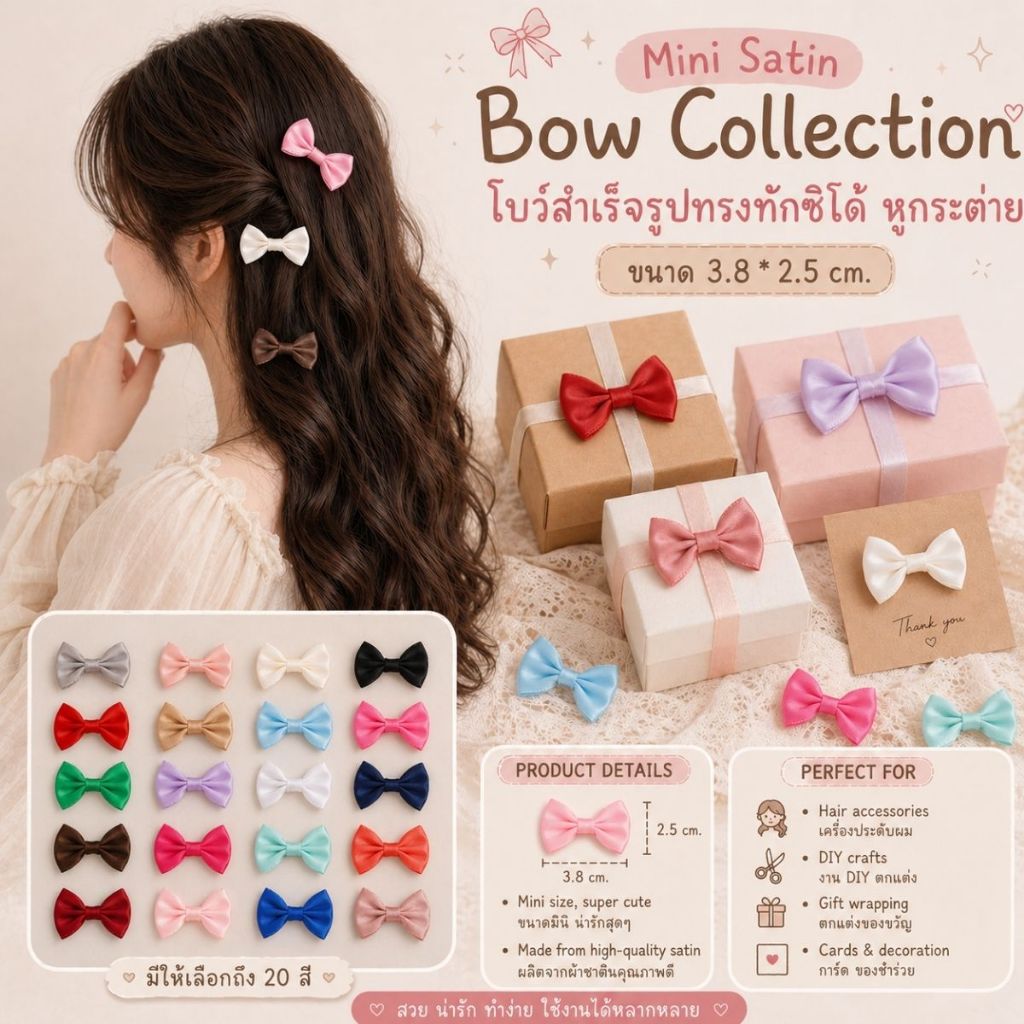 【25 ชิ้น】/【100 ชิ้น】*Mini Satin Bow Collection โบว์สำเร็จรูป น่ารัก ทรงทักซิโด้ หูกระต่าย ขนาด 3.8 * 2.5 cm. 【BW-0013】