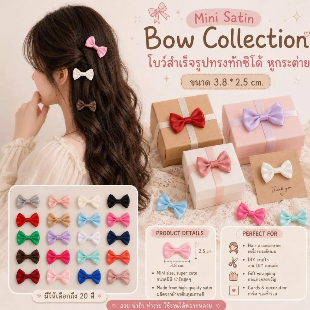 【25 ชิ้น】/【100 ชิ้น】*Mini Satin Bow Collection โบว์สำเร็จรูป น่ารัก ทรงทักซิโด้ หูกระต่าย ขนาด 3.8 * 2.5 cm. 【BW-0013】