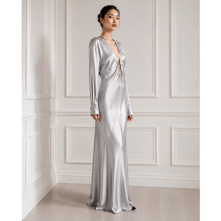MANTIKA - (Vasey Dress) ชุดเดรสยาวแขนยาวคอวีผูกออกงาน ชุดเดรสไปงาน ชุดเดรสออกงาน
