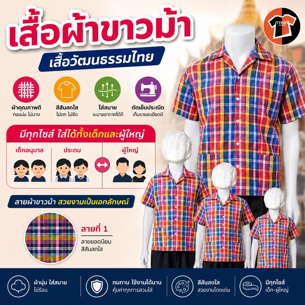 เสื้อผ้าขาวม้า เสื้อวัฒนธรรม ผ้าฝ้ายสวมใส่สบาย สำหรับเด็ก จนถึงผู้ใหญ่