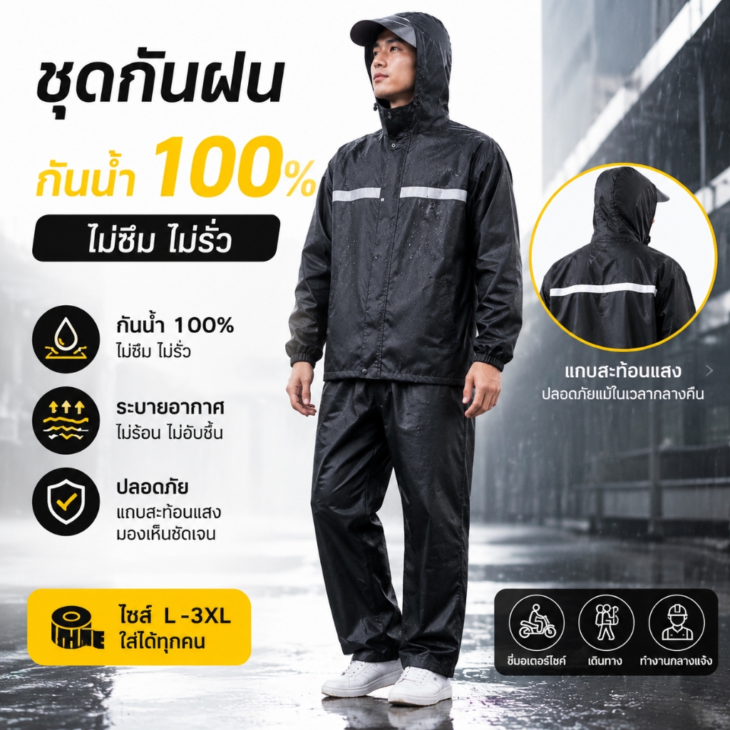 ชุดกันฝน เสื้อกันฝน หนาขึ้น ชุดกันฝน มีแถบสะท้อนแสง รุ่นหมวกติดเสื้อ ชุดกันฝนกันน้ำ เสื้อกันฝนมอเตอร์ไซค์