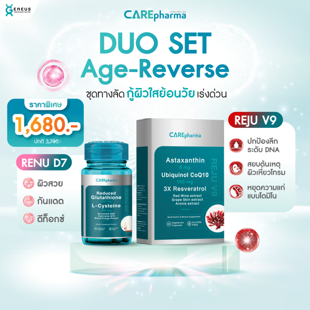 เซ็ตคู่สุดคุ้ม REJU V9 + RENU D7 (Astaxanthin + Reduced Glutathione) ผิวเนียนใส ชะลอวัย ต้านอนุมูลอิสระ