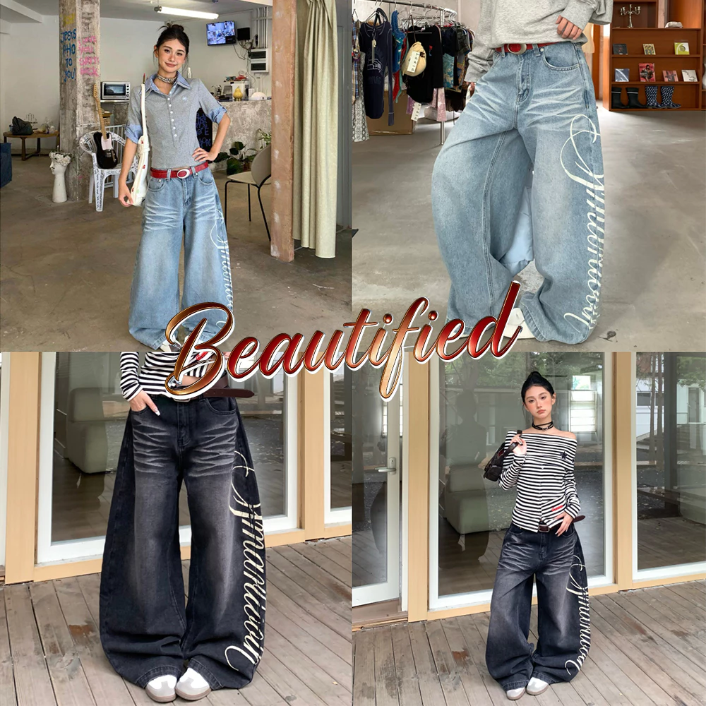 Beautified กางเกงยีนส์ผู้หญิง กางเกงกระบอก เอวสูง ฟอกน้ำ หลวมๆ กรีนอักษร S-3XL 6657
