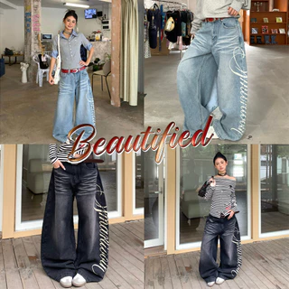 Beautified กางเกงยีนส์ผู้หญิง กางเกงกระบอก เอวสูง ฟอกน้ำ หลวมๆ กรีนอักษร S-3XL 6657