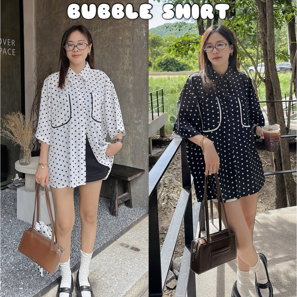 𝐁𝐔𝐁𝐁𝐋𝐄 𝗦𝗛𝗜𝗥𝗧 เสื้อเชิ้ตโอเวอร์ไซส์ อกหน้าผ้า 50“ ลายจุด Polka dots กระเป๋าคู่ กระดุมหน้า-หลัง