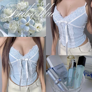 ANGELS.FAV - เสื้อสายเดี่ยวลูกไม้ทรงเข้ารูป Sweet Ribbon Lace Top 🎀🍰✨ *พร้อมส่ง*