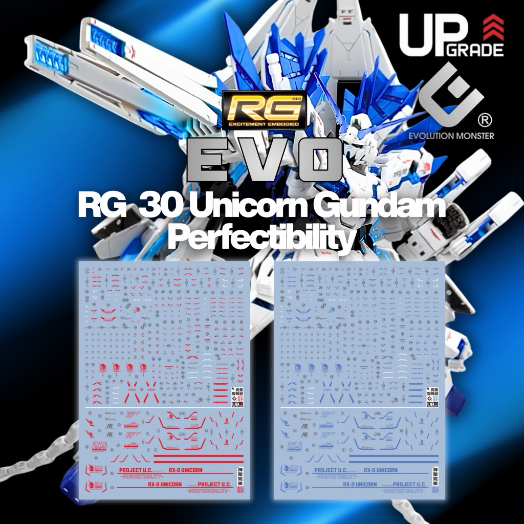 🟦⬜️ดีคอลน้ำ EVO RG 30 DECAL RG 1/144 Unicorn Gundam Perfectibility มี 2 สี แดง,น้ำเงิน  เรืองแสงแบล็คไลท์