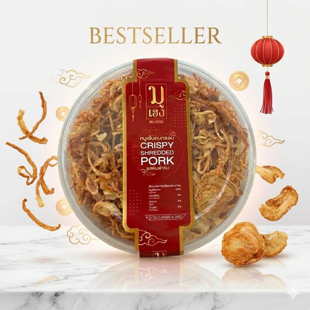 [ส่งไว]หมูเส้นอบกรอบ ไร้น้ำมัน กรอบทุกเส้น อร่อยทุกคำ เนืัอหมู 100 กรัม นน.รวมกระปุก 170 กรัม