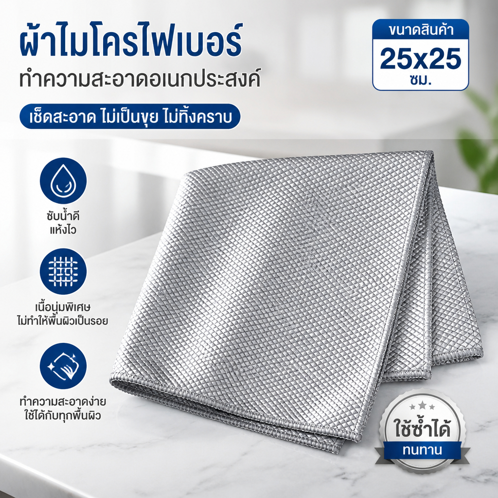 ผ้าเช็ดกระจกเงา เนื้อนุ่มพิเศษ เช็ดแล้วไม่เป็นรอย ไม่เป็นคราบ แห้งเร็ว เหมาะสำหรับกระจกและพื้นผิวเรียบทุกชนิด