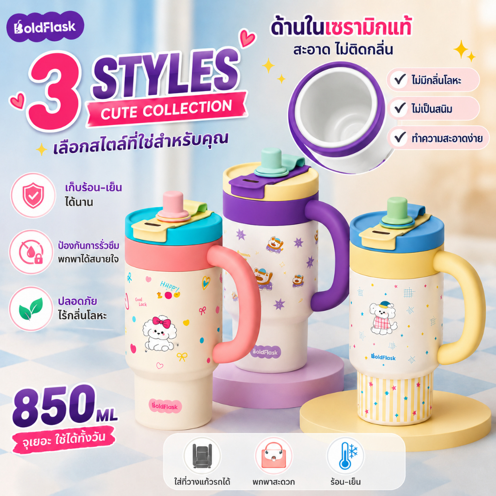 【BoldFlask】 850ml ซีรีส์สัตว์เลี้ยง สแตนเลสถ้วยความร้อนเซรามิกเรียงรายมาพร้อมกับฟางและมือจับ เก็บร้อน-เย็น