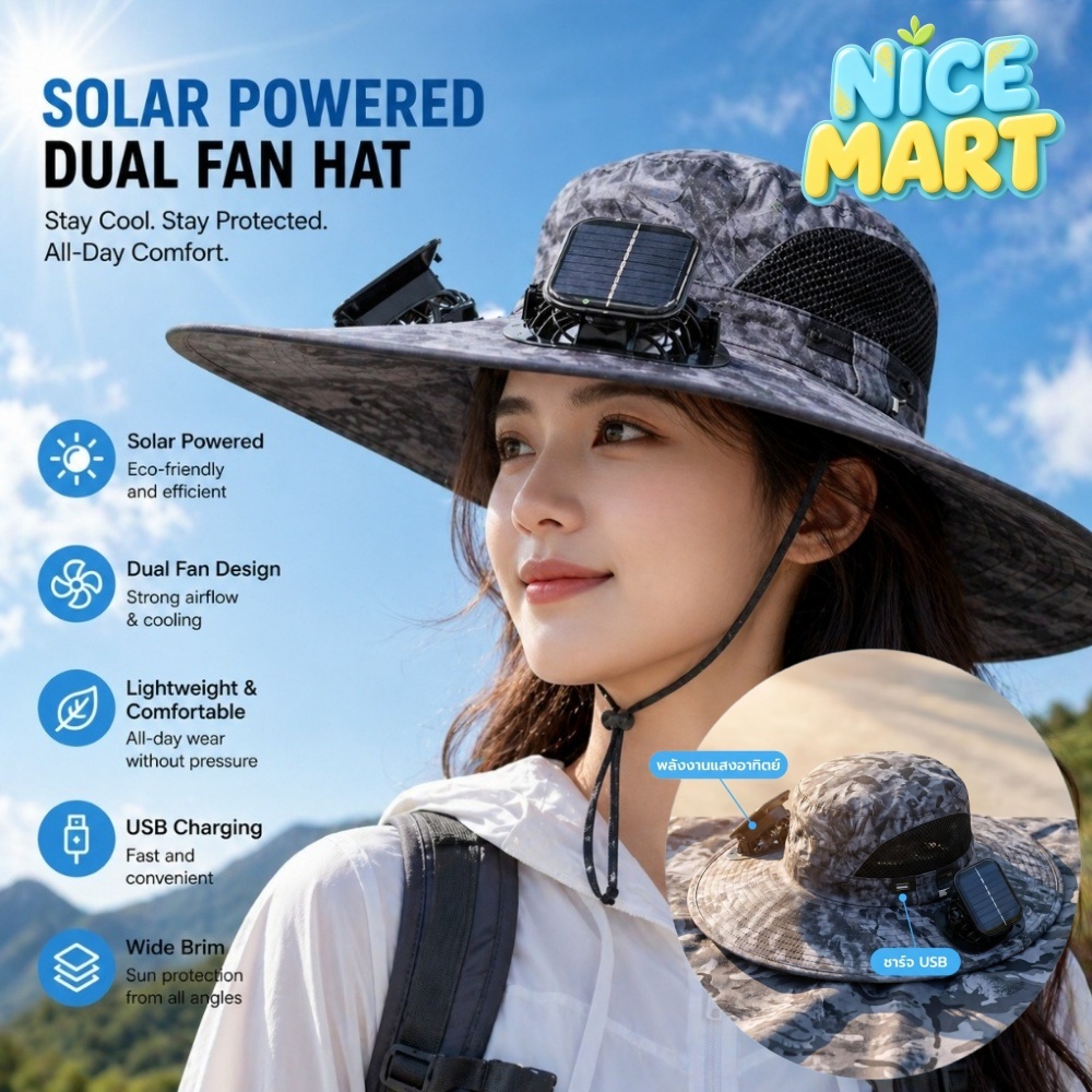 หมวกพัดลมพลังงานแสงอาทิตย์ UPF50+ หมวกกันแดด หมวกปีกใหญ่ ถอดออกได้ ป้องกันความร้อนและป้องกันรังสียูวี