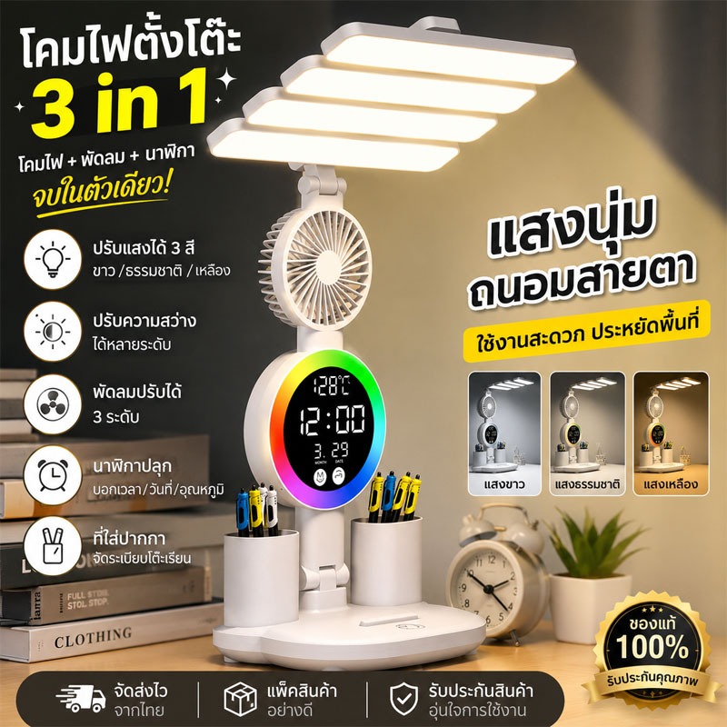 ไฟตั้งโต๊ะอัจฉริยะ LED พัดลม 3ระดับ หน้าจอดิจิตอล แสดงเวลา อุณหภูมิ ถนอมสายตา