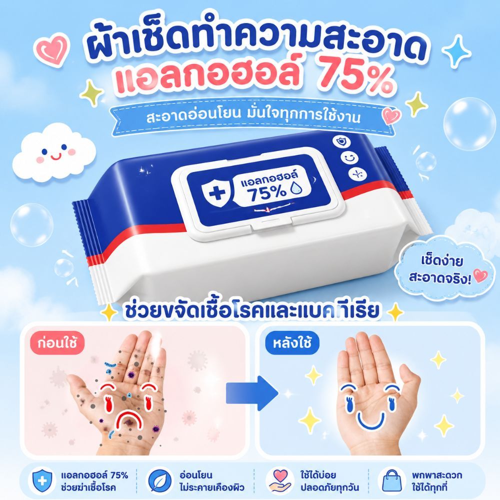 ส่งด่วน พร้อมส่ง ทิชชู่เปียกผสมแอลกอฮอล์ 75% สำหรับฆ่าเชื้อแบคทีเรีย ห่อละ 80 แผ่น