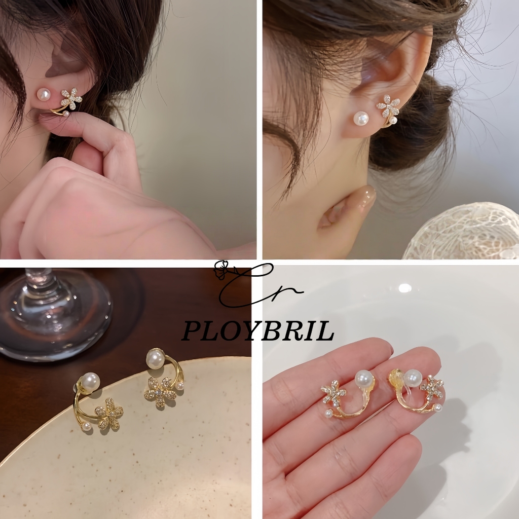 PLOYBRILต่างหูแบบเจาะ ประดับด้วยดอกไม้ไขว้และไข่มุกหลายชั้น (ตัวล็อกพลาสติกใส)E078