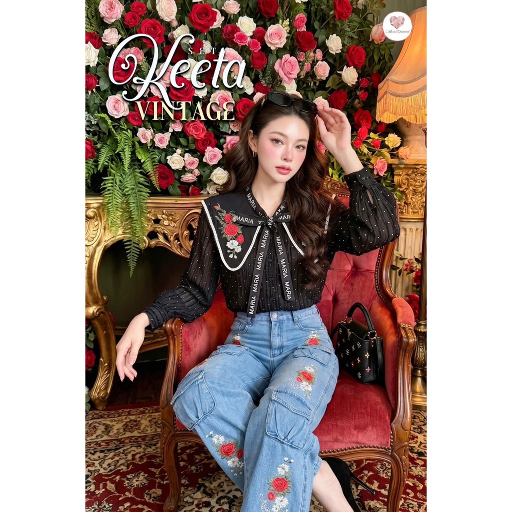 (มี3XL) Keeta Vintage Set เซ็ต 2 ชิ้น เสื้อเชิ้ตกระดุมหน้าผ้าชีฟองลายจุดปกวินเทจปัก + กางเกงยีนส์คาร์โก้ปักวินเทจ