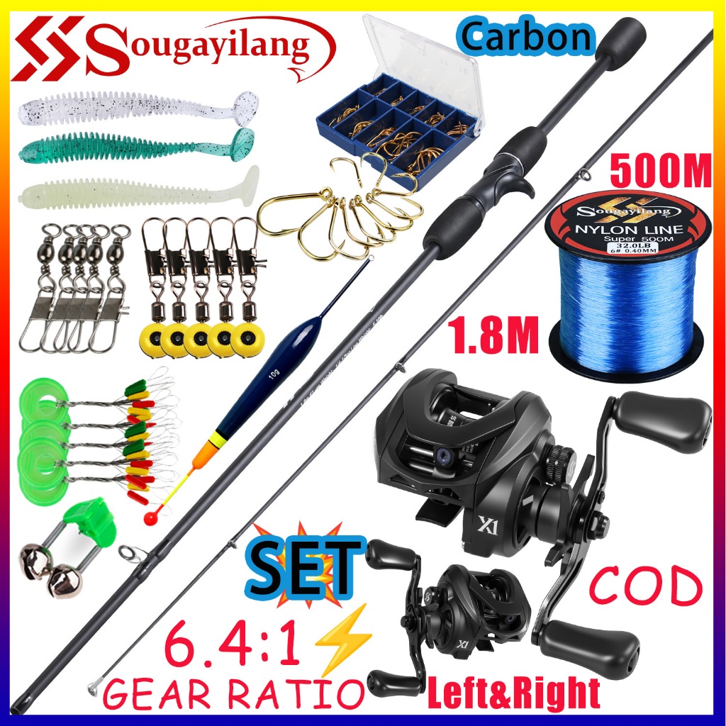Sougayilang COD ชุดตกปลา คาร์บอน 1.8M ครบชุด รอกเบทคาสติ้ง 6.4:1 อุปกรณ์ตกปลา พร้อมเส้น 500ม. และเหยื่อ