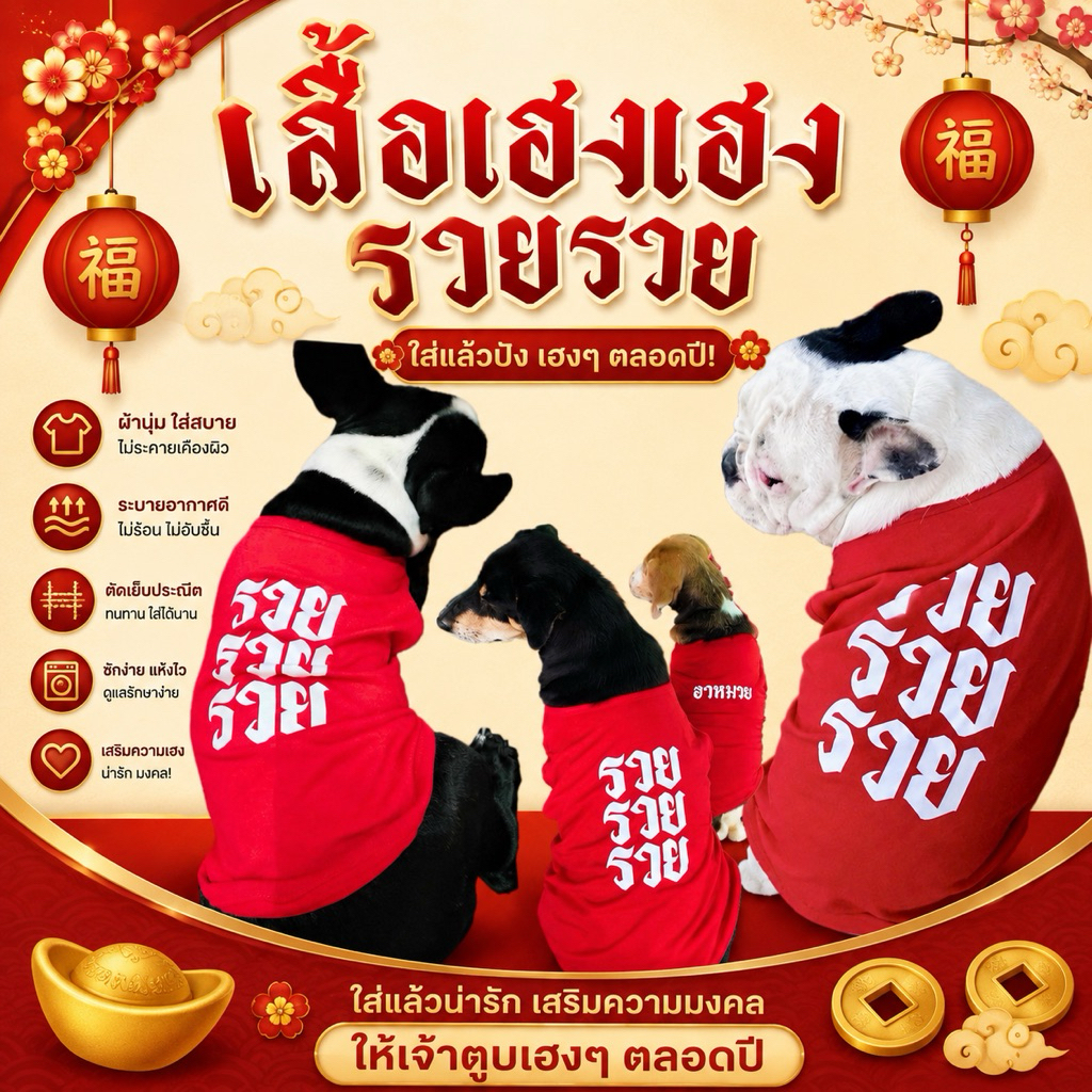 🪭พร้อมส่ง🧧 เสื้อหมา เสื้อแมว ตรุษจีน สกรีนลาย “เฮงๆๆ รวยๆๆ” สกรีนคำพูดสุดกวน ผ้าคอตตอน 100% (เลือกลายได้)