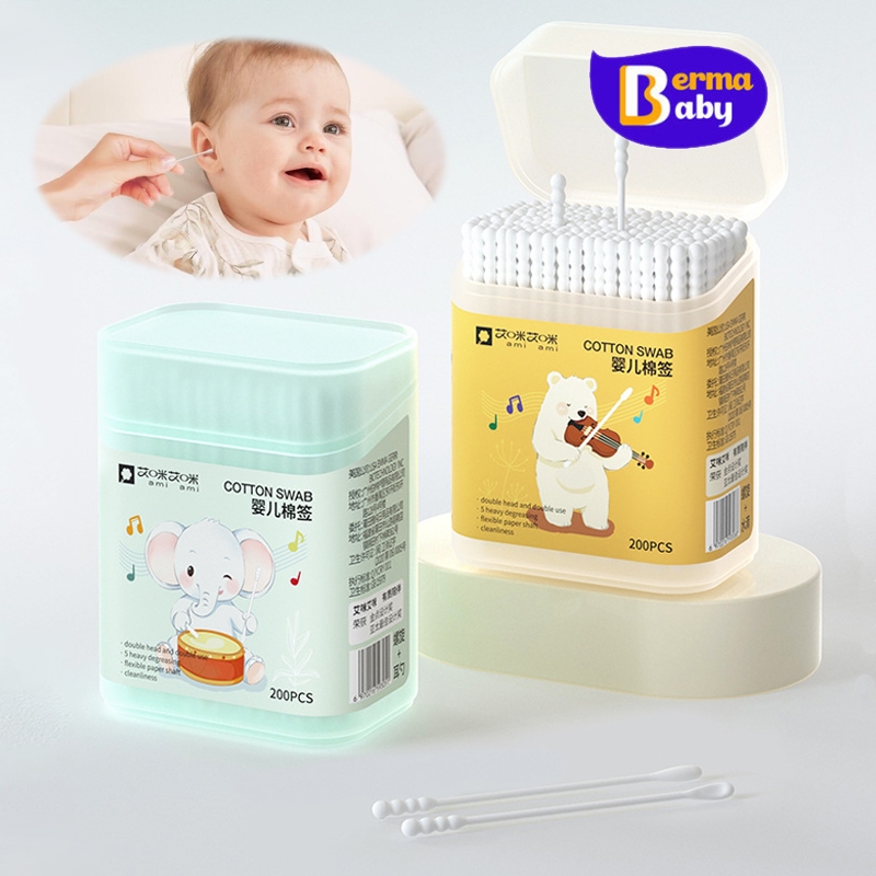 Berma Baby สำลีก้าน หัวเล็ก สองหัว ใช้สำหรับบาดแผล สะอาดปลอดภัย สำหรับแคะหู 200pcs